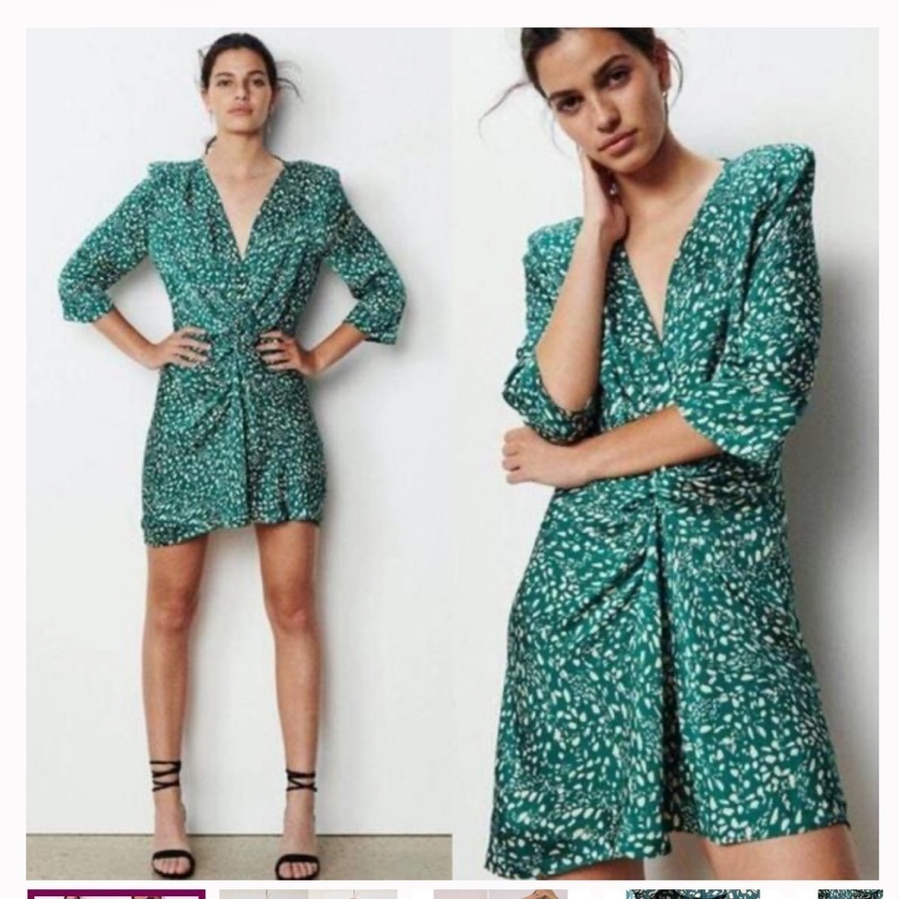 ba&sh Printed Erika Dress V Neck Vert Green & Cream XS